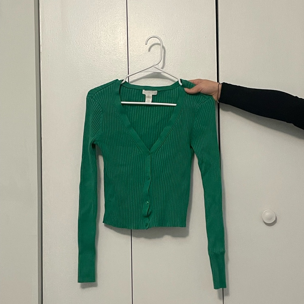 Green Ribbed V-Neck Sweater